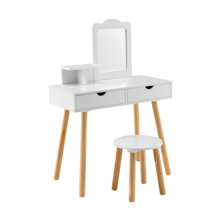 Kid Vanity Table Chair Set with Mirror and 2 Large Storage Drawers