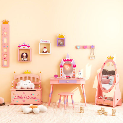 2-In-1 Kids Princess Wooden Toy Box with Safe Hinged Lid