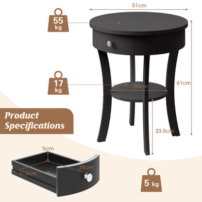 2-Tier Wood Round End Table with Open Drawer