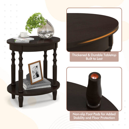 2-Tier Oval Side Table with Storage Shelf and Solid Wood Legs