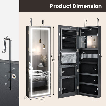 Mirrored Jewelry Armoire with Full Length Mirror and 2 Internal LED Lights