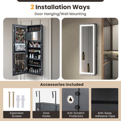 Mirrored Jewelry Armoire with Full Length Mirror and 2 Internal LED Lights