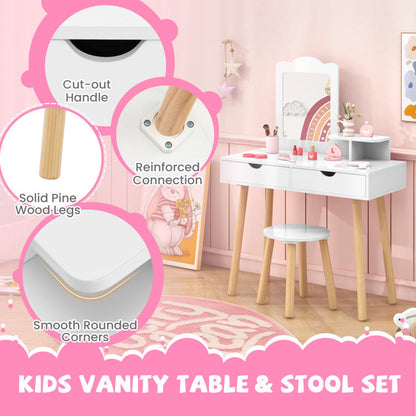 Kid Vanity Table Chair Set with Mirror and 2 Large Storage Drawers