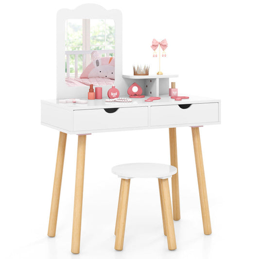 Kid Vanity Table Chair Set with Mirror and 2 Large Storage Drawers