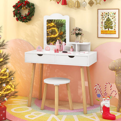 Kid Vanity Table Chair Set with Mirror and 2 Large Storage Drawers