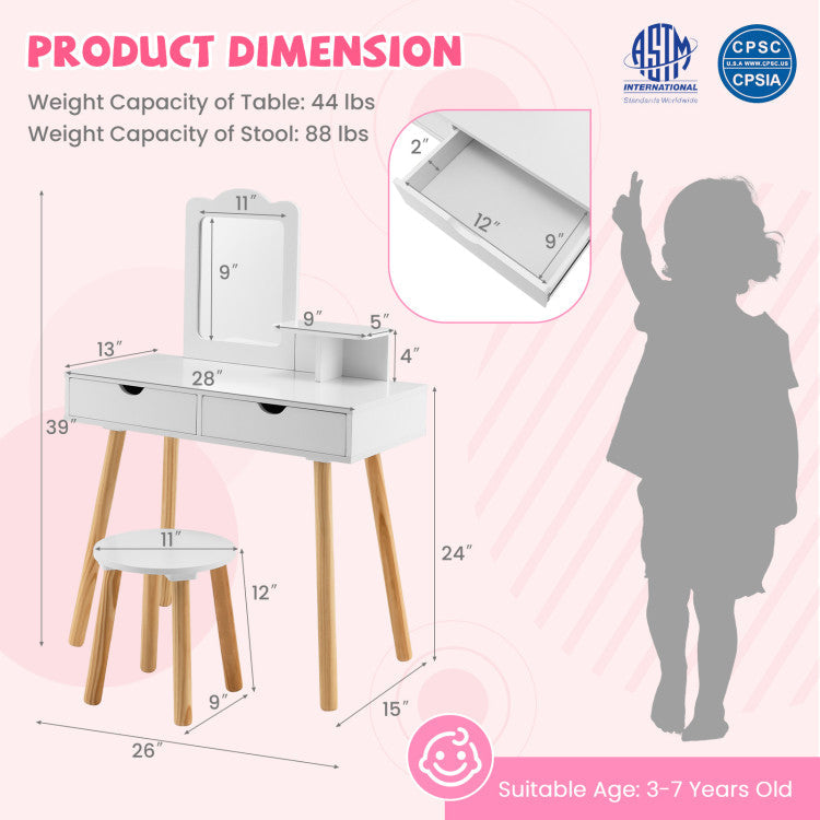 Kid Vanity Table Chair Set with Mirror and 2 Large Storage Drawers