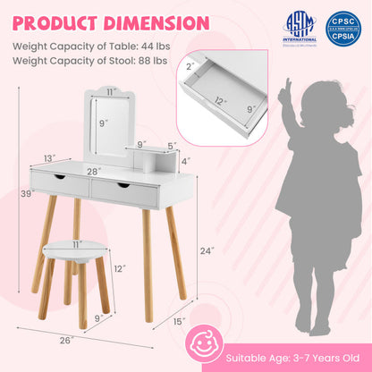 Kid Vanity Table Chair Set with Mirror and 2 Large Storage Drawers