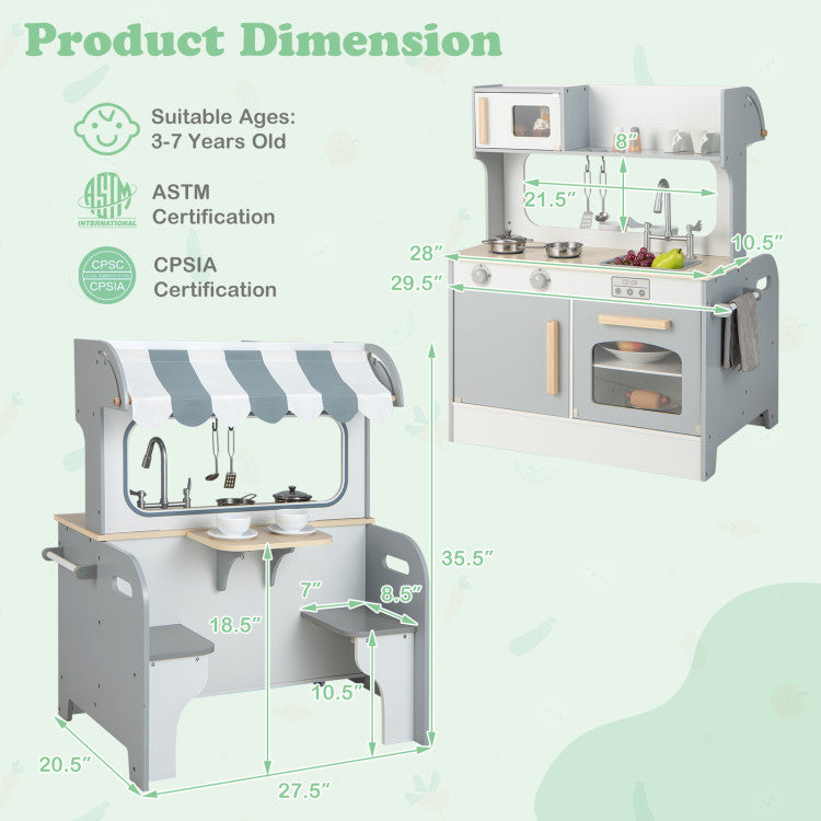 Double Sided Kids Pretend Kitchen Playset with 2-Seat Cafe