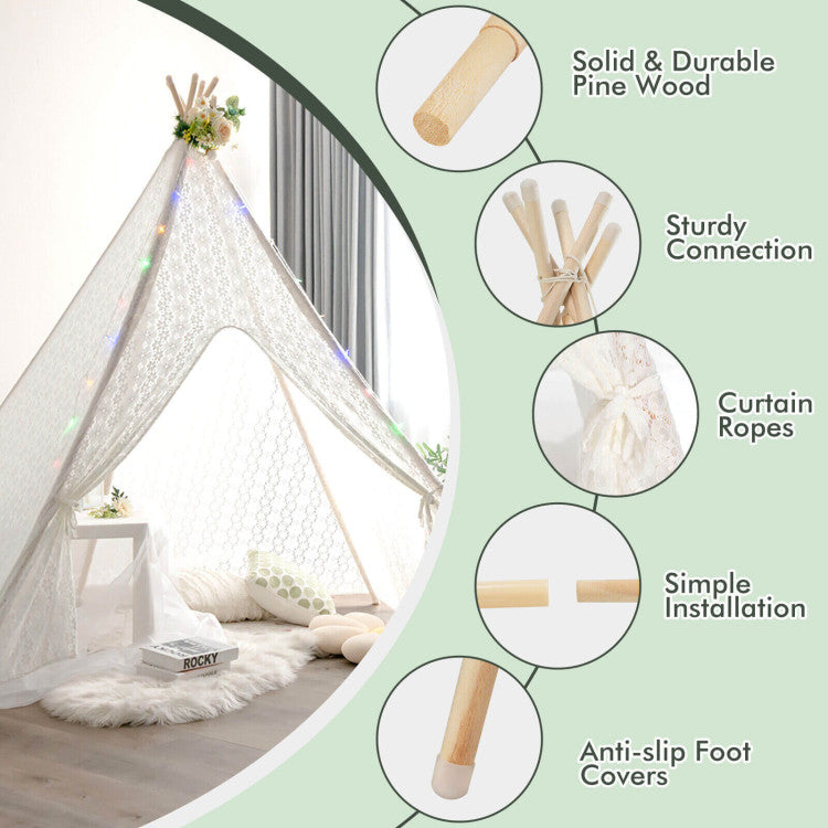 Lace Teepee Tent with Colorful Light Strings for Children