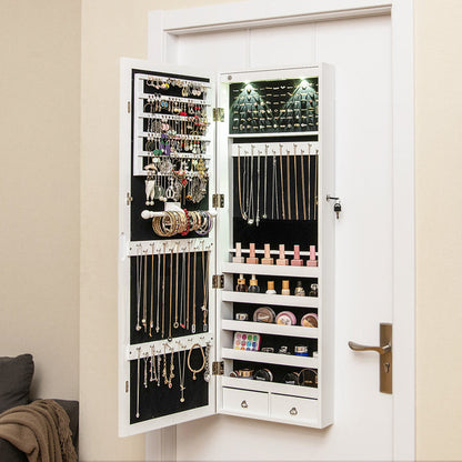 Lockable Wall Mount Mirrored Jewelry Cabinet with LED Lights