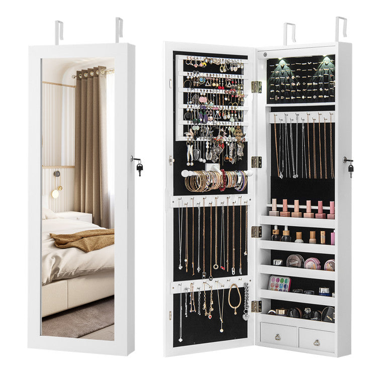 Lockable Wall Mount Mirrored Jewelry Cabinet with LED Lights
