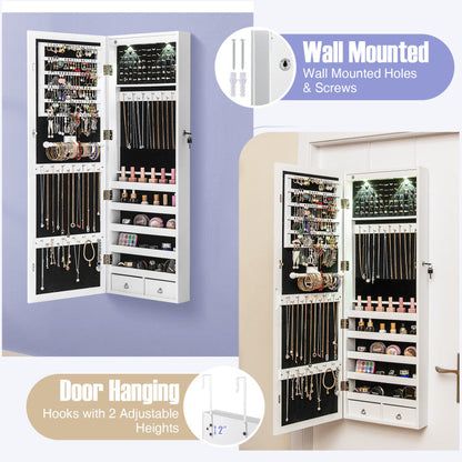 Lockable Wall Mount Mirrored Jewelry Cabinet with LED Lights