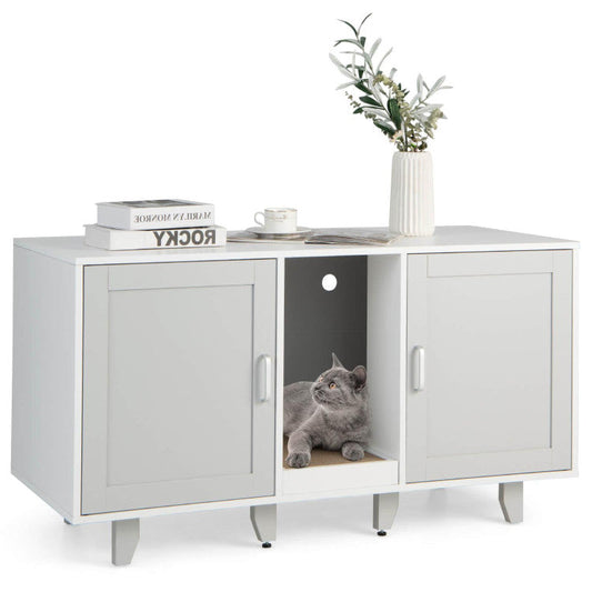 Patented 2-Door Cat Litter Box Enclosure with Winding Entry and Scratching Board