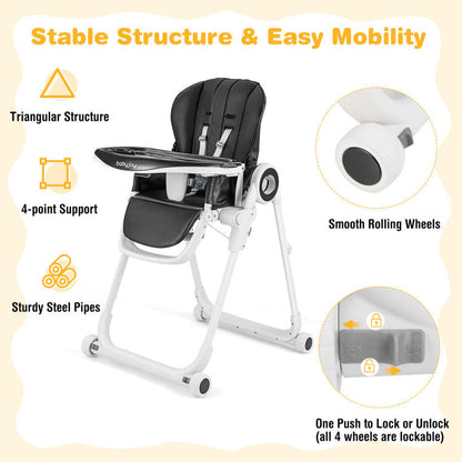 Baby High Chair Foldable Feeding Chair with 4 Lockable Wheels