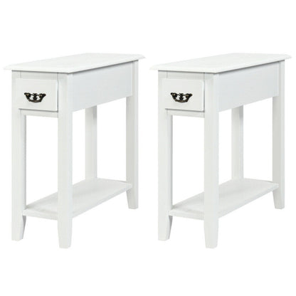 2 Pieces 2 Tier Sofa Side End Table with Drawer and Open Shelf