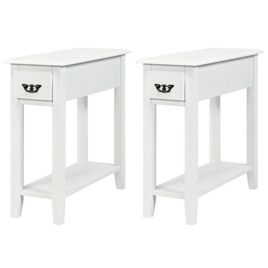 2 Pieces 2 Tier Sofa Side End Table with Drawer and Open Shelf