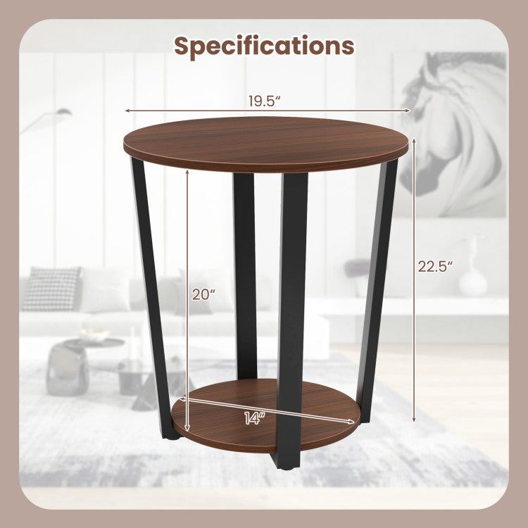 Round End Table with Open Shelf and Metal Frame