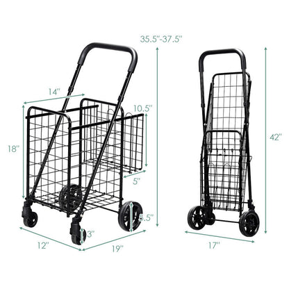Folding Shopping Basket Rolling Trolley with Adjustable Handle