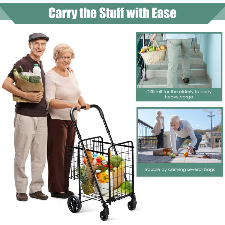 Folding Shopping Basket Rolling Trolley with Adjustable Handle