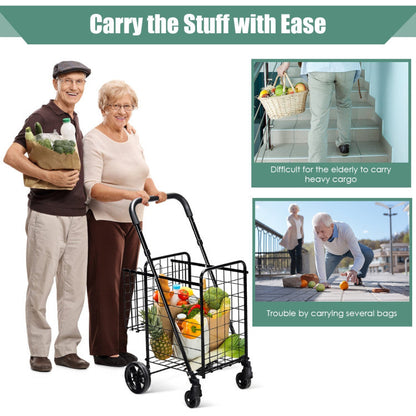 Folding Shopping Basket Rolling Trolley with Adjustable Handle