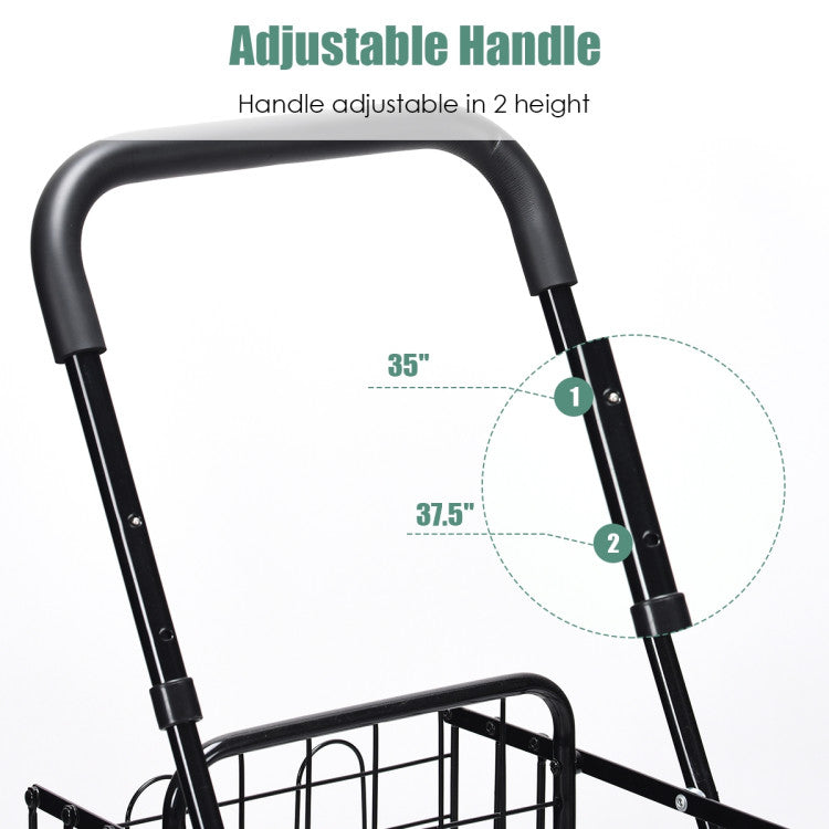 Folding Shopping Basket Rolling Trolley with Adjustable Handle
