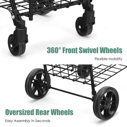 Folding Shopping Basket Rolling Trolley with Adjustable Handle