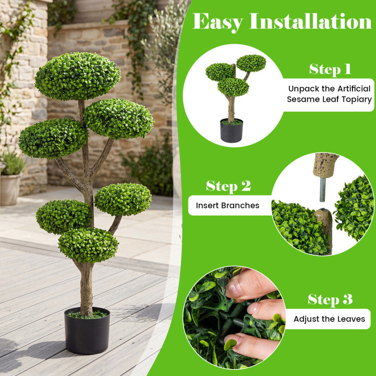 Set of 2 Indoor Outdoor 6 Balls Topiary Tree with Realistic Trunk and Weighted Cement-Filled Base