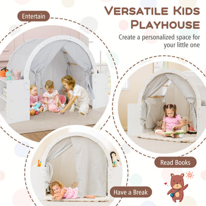 Wooden Kids Play Tent with Curtain Shades and 8 Cubbies