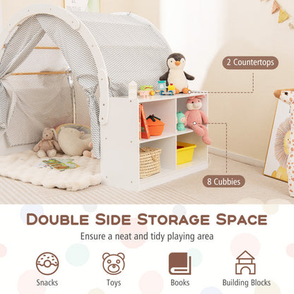 Wooden Kids Play Tent with Curtain Shades and 8 Cubbies