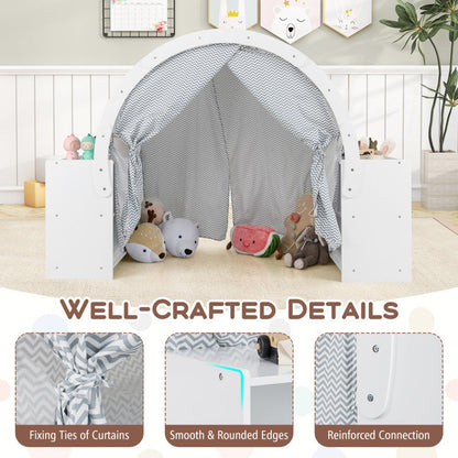 Wooden Kids Play Tent with Curtain Shades and 8 Cubbies