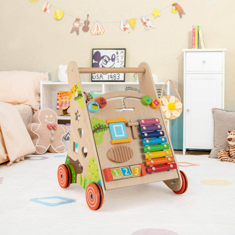 Wooden Push and Pull Baby Walker with Handle and Storage